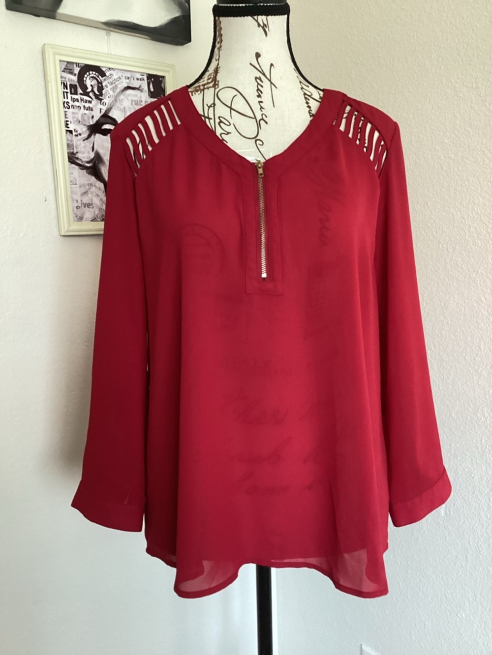 mine Red Long-Sleeve Zip Front Blouse with Shoulder Cutouts